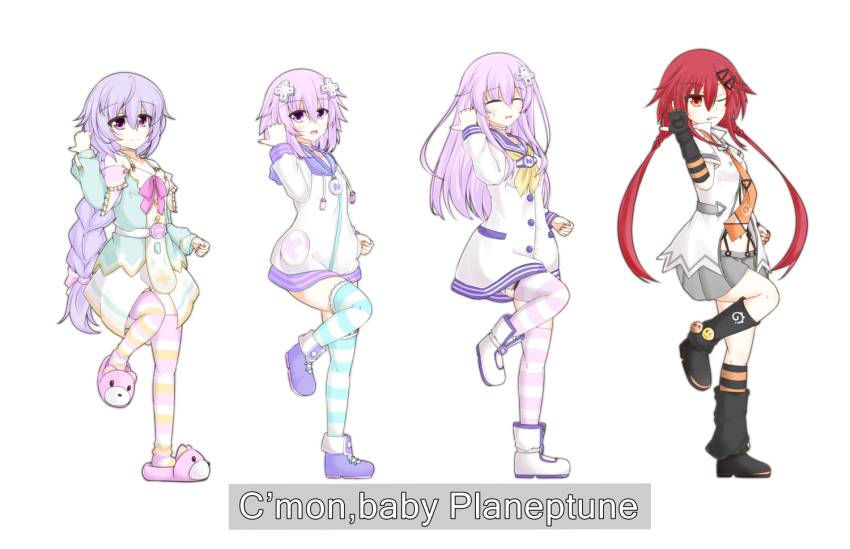 4girls :d amo_chenbe blush boots braid closed_eyes closed_mouth commentary_request da_pump dress english eyebrows_visible_through_hair grey_skirt grin hair_between_eyes hair_ornament hairclip hood hoodie lavender_hair leg_up long_hair long_sleeves looking_at_viewer loose_socks low_ponytail low_twintails multiple_girls navel nepgear neptune_(choujigen_game_neptune) neptune_(series) one_eye_closed open_mouth orange_eyes orange_neckwear parody parted_lips pink_eyes pleated_skirt purple_hair pururut redhead sailor_dress short_sleeves simple_background skirt slippers smile standing striped striped_legwear sweatdrop tennouboshi_uzume thigh-highs twintails u.s.a. very_long_hair violet_eyes white_background white_dress
