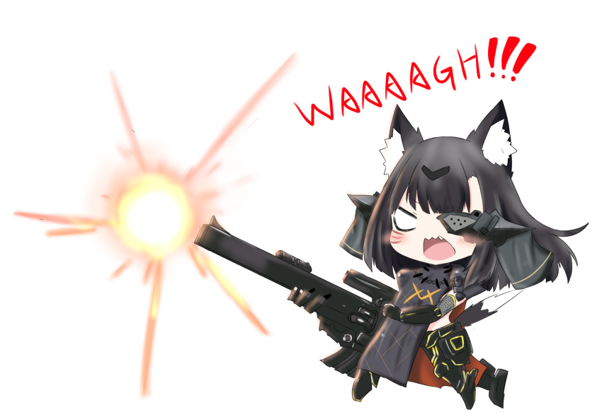 1girl animal_ear_fluff animal_ears bailingxiao_jiu bangs black_gloves black_hair black_pants blush cat_ears cat_girl cat_tail character_request elbow_gloves eyebrows_visible_through_hair eyepatch firing girls_frontline gloves gun headgear highres holding holding_gun holding_weapon long_hair pants simple_background solo tail v-shaped_eyebrows weapon weapon_request whisker_markings white_background