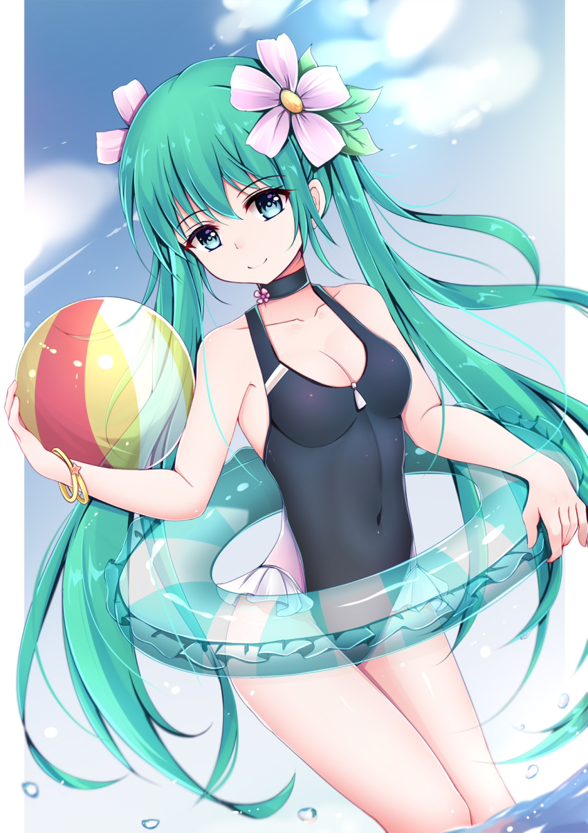 1girl alternate_costume aqua_hair ball bangle bare_arms bare_shoulders beachball black_choker blue_eyes blue_sky blush bracelet breasts casual_one-piece_swimsuit choker cleavage closed_mouth collarbone covered_navel cowboy_shot day dutch_angle flower frilled_swimsuit frills hair_flower hair_ornament hatsune_miku head_tilt highres holding holding_ball jewelry leaf long_hair looking_at_viewer medium_breasts one-piece_swimsuit outdoors pink_flower qingye_ling skin_tight sky smile swimsuit thighs transparent twintails very_long_hair vocaloid wading water