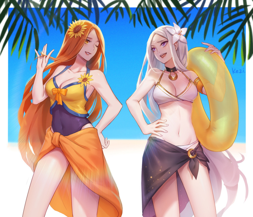2girls :d ;d artist_name bangs bikini bow breasts choker cleavage collarbone covered_navel diana_(league_of_legends) flower hair_flower hair_ornament hand_on_hip highres innertube kezi league_of_legends leona_(league_of_legends) long_hair looking_at_another medium_breasts multiple_girls one_eye_closed open_mouth orange_eyes orange_hair pale_skin parted_bangs pool_party_leona sarong smile sunflower swimsuit violet_eyes white_bikini white_hair