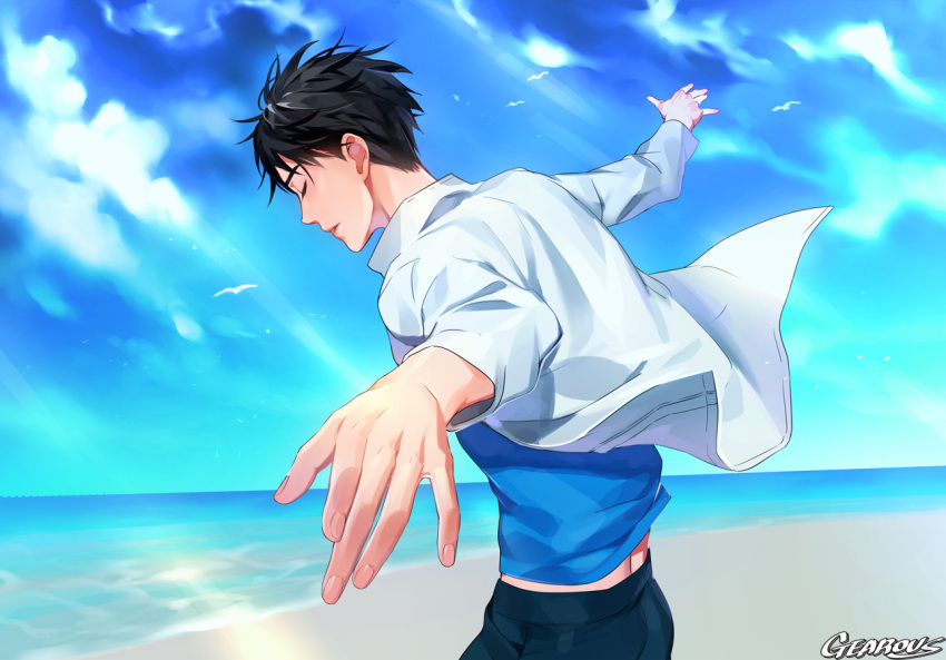 1boy artist_name beach bird black_hair blue_shirt close-up closed_eyes clothes_lift clouds cloudy_sky day expressionless facing_away fingernails floating_hair gearous katsuki_yuuri long_sleeves male_focus ocean outdoors outstretched_arms pants profile seagull shirt short_hair sky sunlight upper_body white_shirt wind wind_lift yuri!!!_on_ice