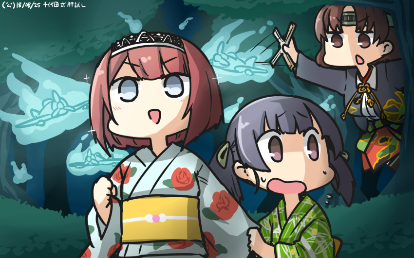 3girls :d aircraft airplane alternate_costume ark_royal_(kantai_collection) black_jacket blue_eyes brown_eyes brown_hair chiyoda_(kantai_collection) commentary dated eyebrows_visible_through_hair floral_print grey_hair hairband hamu_koutarou highres jacket japanese_clothes kantai_collection kimono long_sleeves multiple_girls obi ooshio_(kantai_collection) open_mouth redhead rose_print sash short_hair smile tiara tree twintails v-shaped_eyebrows violet_eyes wide_sleeves yukata