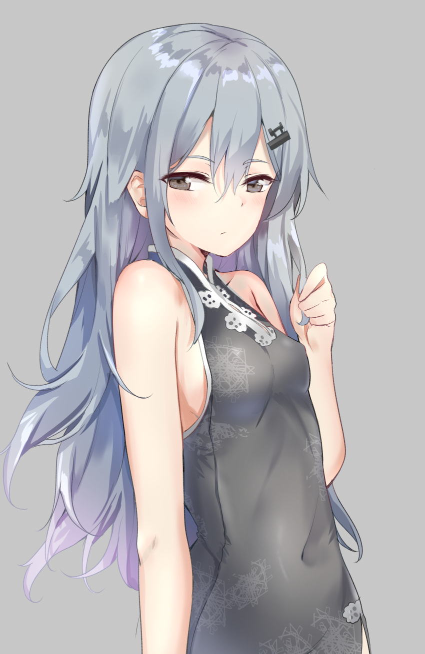 1girl absurdres alternate_costume bangs bare_shoulders blush breasts brown_eyes china_dress chinese_clothes closed_mouth covered_navel covered_nipples dress eyebrows_visible_through_hair g11_(girls_frontline) girls_frontline grey_background grey_dress hair_between_eyes hair_ornament hairclip highres holding holding_hair long_hair looking_at_viewer medium_breasts messy_hair no_bra side_slit sidelocks silver_hair simple_background sleeveless sleeveless_dress solo sunhyun very_long_hair