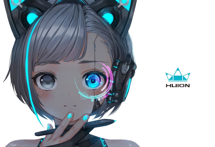 1girl android animal_ears asymmetrical_bangs bangs bare_shoulders black_gloves blush cat_ears closed_mouth commentary_request company_name fake_animal_ears gloves grey_eyes grey_hair headset holding holding_stylus huion light_smile logo looking_at_viewer multicolored_hair nail_art original partly_fingerless_gloves portrait robot_ears ryota_(ry_o_ta) shade shiny shiny_hair short_hair signature simple_background solo streaked_hair stylus white_background