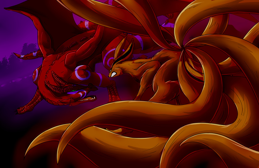 absurdres animal_ears bat_wings battle claws dragon eastern_dragon fantasy fighting fox_ears fox_tail green_eyes highres horns kurama_(naruto) kyuubi large_wings mattwilson83 monster multiple_tails naruto naruto_(series) no_humans purple_background red_background red_eyes scales sharp_teeth size_difference tail tattoo teeth whisker_markings wings