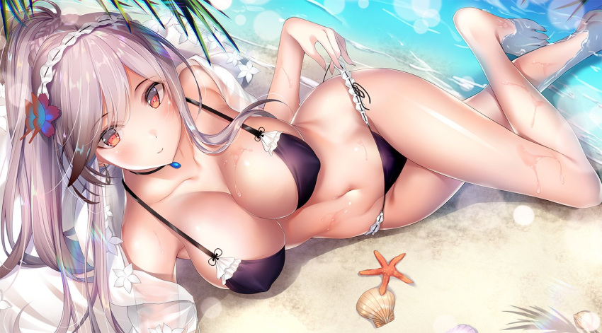 1girl armpits azur_lane bangs beach bikini bikini_tug blush breasts butterfly_hair_ornament choker cleavage collarbone commentary covered_nipples day dunkerque_(azur_lane) earrings eyebrows_visible_through_hair flower grey_hair groin hair_flower hair_ornament hairband jewelry large_breasts long_hair looking_at_viewer lying navel ocean on_side open_clothes open_shirt out_of_frame outdoors palm_leaf pink_eyes ponytail purple_bikini sand sapphire_(stone) see-through shell shirt sidelocks skindentation solo starfish swimsuit thighs wagashi_(user_efep7488) wet white_shirt