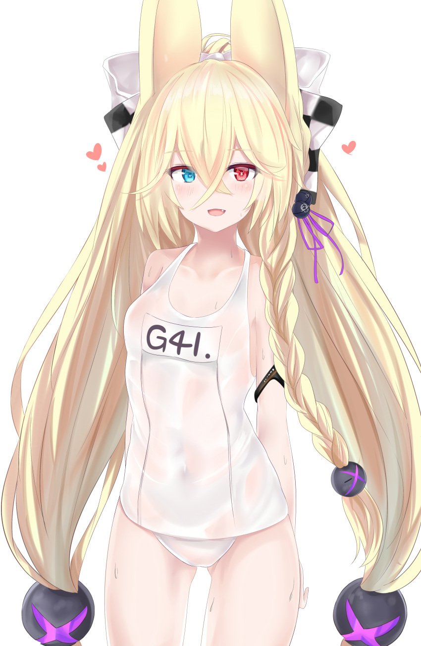 1girl :d absurdres animal_ears bangs bare_shoulders blonde_hair blue_eyes bow breasts character_name checkered checkered_bow chinese_commentary commentary_request eyebrows_visible_through_hair fang g41_(girls_frontline) girls_frontline gluteal_fold hair_between_eyes hair_bow hair_ornament hair_ribbon heart heart-shaped_pupils heterochromia highres long_hair low-tied_long_hair name_tag old_school_swimsuit one-piece_swimsuit open_mouth purple_ribbon red_eyes ribbon ru_zhai school_swimsuit simple_background small_breasts smile solo standing swimsuit symbol-shaped_pupils very_long_hair wet white_background white_school_swimsuit white_swimsuit