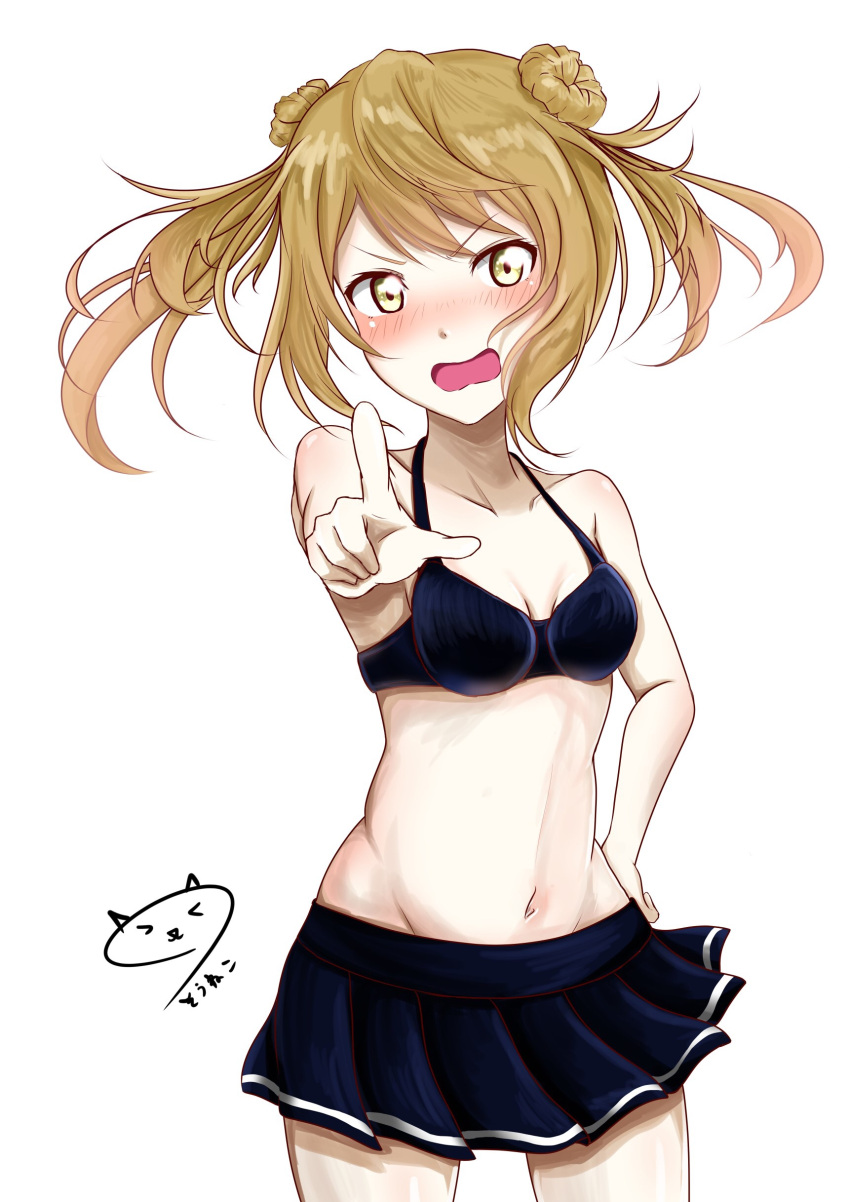 1girl absurdres bikini black_bikini blush breasts brown_hair double_bun eyebrows_visible_through_hair groin highres kantai_collection long_hair looking_at_viewer michishio_(kantai_collection) open_mouth simple_background small_breasts solo souneko_123 swimsuit white_background yellow_eyes