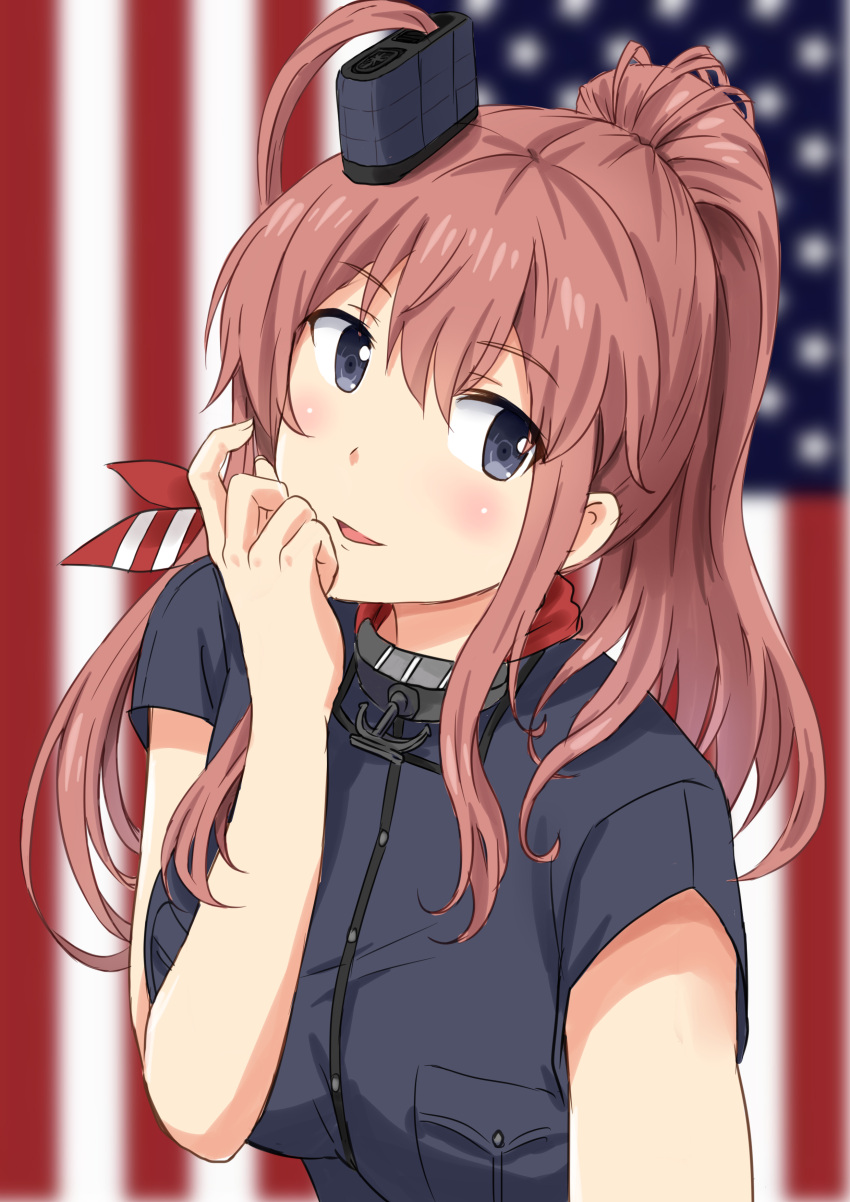 1girl absurdres american_flag anchor black_dress blue_eyes blurry breast_pocket brown_hair depth_of_field dress hair_between_eyes hair_ornament highres kantai_collection looking_at_viewer neckerchief pocket ponytail red_neckwear saratoga_(kantai_collection) side_ponytail sidelocks smokestack solo upper_body yinzhai