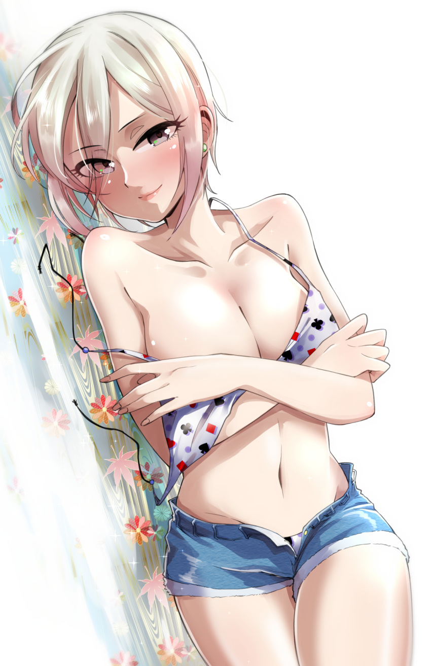 1girl bare_shoulders bikini_top black_eyes blush breasts cleavage collarbone covering covering_breasts cutoffs denim denim_shorts earrings eyebrows_visible_through_hair eyes_visible_through_hair groin highres idolmaster idolmaster_cinderella_girls ishii_takuma jewelry lipstick looking_at_viewer lying makeup midriff navel off_shoulder on_side panties panty_peek shiomi_shuuko short_hair short_shorts shorts smile solo unbuttoned underwear