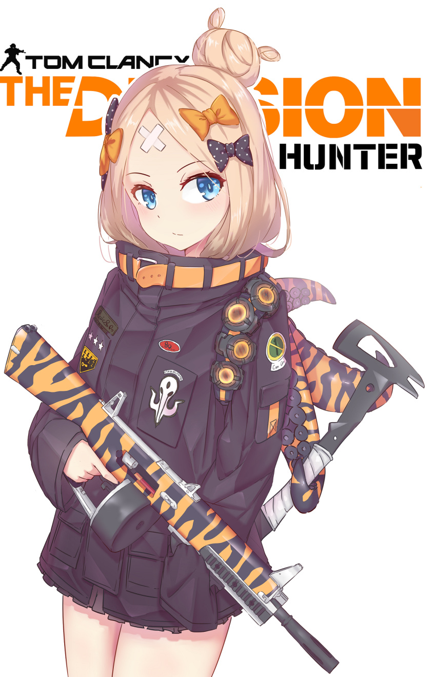 1girl aa-12 abigail_williams_(fate/grand_order) animal_print axe bangs black_bow black_jacket blonde_hair blue_eyes blush bow closed_mouth commentary_request copyright_name crossed_bandaids eyebrows_visible_through_hair fate/grand_order fate_(series) gun hair_bow hair_bun head_tilt heroic_spirit_traveling_outfit highres holding holding_axe holding_gun holding_weapon jacket key korean_commentary long_hair long_sleeves looking_at_viewer ocs3533 orange_bow outline parted_bangs polka_dot polka_dot_bow shotgun simple_background sleeves_past_fingers sleeves_past_wrists solo star suction_cups tentacle tiger_print tom_clancy's_the_division trigger_discipline weapon white_background white_outline
