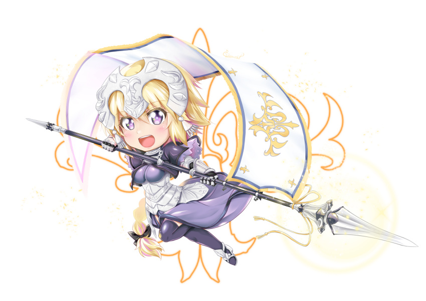 1girl armor armored_dress blonde_hair blue_eyes braid capelet chains chibi cigar_cat commentary_request eyebrows_visible_through_hair fate/apocrypha fate/grand_order fate_(series) faulds flag gauntlets headpiece highres jeanne_d'arc jeanne_d'arc_(fate) jeanne_d'arc_(fate)_(all) long_braid long_hair single_braid solo very_long_hair violet_eyes