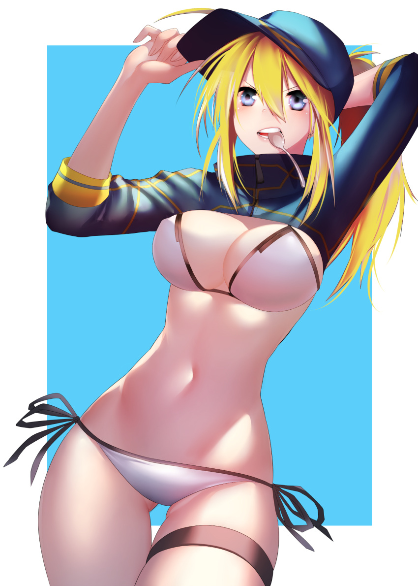 1girl adjusting_clothes adjusting_hat angry artoria_pendragon_(all) baseball_cap bikini blonde_hair blue_eyes blue_hat blue_jacket breasts covered_nipples cropped_jacket dutch_angle fate/grand_order fate_(series) frown hair_between_eyes hat highres jacket large_breasts long_hair long_sleeves mouth_hold mysterious_heroine_xx_(foreigner) navel ponytail rahato side-tie_bikini sidelocks slender_waist solo spoon swimsuit thigh_strap white_bikini zipper