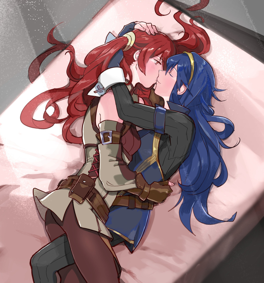 2girls absurdres bed blue_hair brown_gloves closed_eyes commentary commission couple detached_sleeves english_commentary fingerless_gloves fire_emblem fire_emblem:_kakusei from_above gloves hairband highres hug kiss kohiu light_blush long_hair looking_at_another lucina lying multiple_girls on_side redhead selena_(fire_emblem) smile twintails very_long_hair yuri