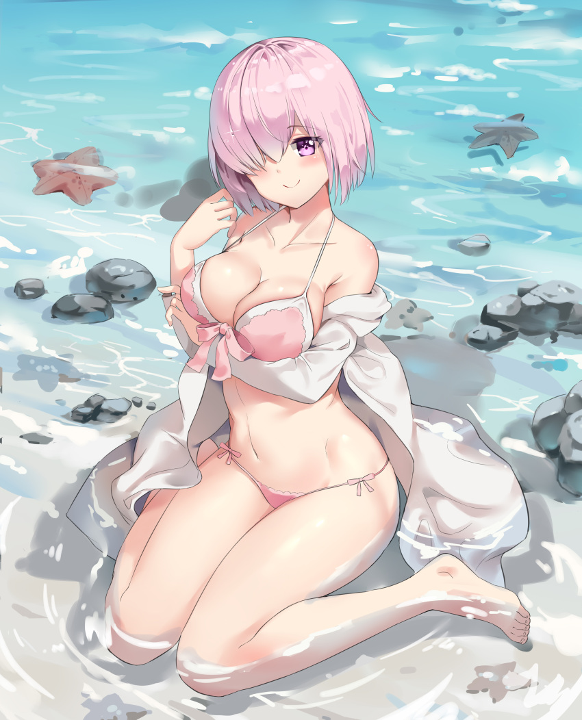 1girl absurdres barefoot beach bikini blush breast_hold breasts c: collarbone eyebrows_visible_through_hair fate/grand_order fate_(series) hair_over_one_eye highres large_breasts lavender_hair layered_bikini long_sleeves looking_at_viewer mash_kyrielight meinuoxuan_999 navel ocean open_clothes open_shirt partially_submerged pink_bikini shirt short_hair side-tie_bikini sitting smile solo starfish strap_gap swimsuit violet_eyes wariza water white_shirt