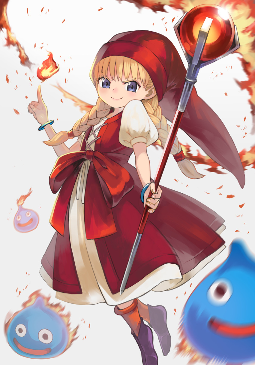 1girl bangs blonde_hair blue_eyes bracelet braid burning commentary_request dragon_quest dragon_quest_xi dress dress_bow fire hair_over_shoulder hat highres holding holding_staff index_finger_raised jewelry long_hair open_mouth orange_legwear puffy_short_sleeves puffy_sleeves purple_footwear red_dress red_hat serious short_sleeves slime smile socks staff tied_hair tokiti twin_braids veronica_(dq11) white_background