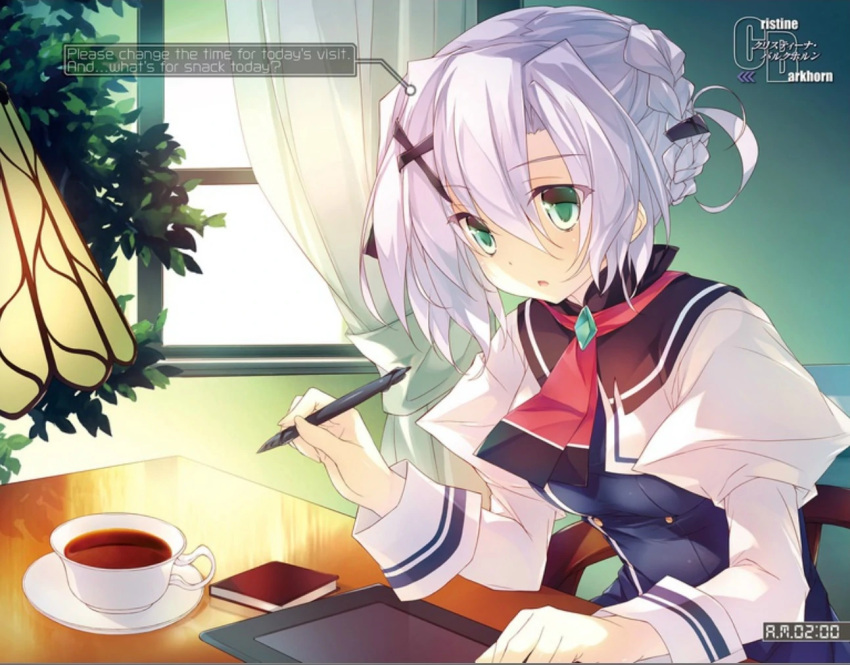 1girl amami_mikihiro book christina_balcuhorn curtains kuusen_madoushi_kouhosei_no_kyoukan lamp novel_illustration official_art plant purple_hair school_uniform stylus tablet_pc tea window