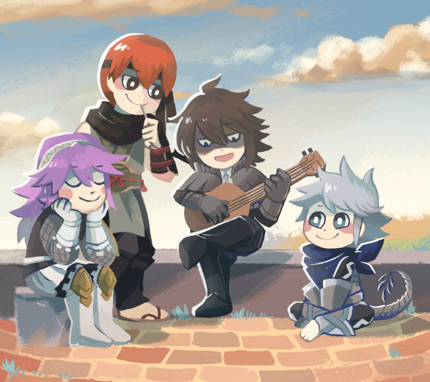 2boys 2girls boots brown_hair chibi deere_(fire_emblem_if) dragon_tail fire_emblem fire_emblem_14 fire_emblem_heroes fire_emblem_if grin guitar gurei_(fire_emblem_if) headband highres human instrument intelligent_systems kana_(fire_emblem) kana_(fire_emblem)_(male) kanna_(fire_emblem_if) manakete multiple_boys multiple_girls music nintendo pink_hair playing_instrument redhead scarf shota singing sitting smile super_smash_bros. tail white_hair