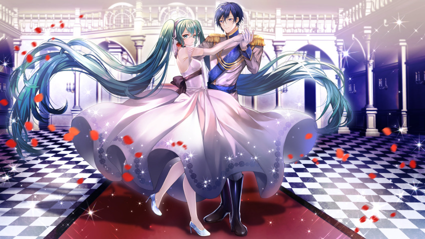 1boy 1girl abandon_ranka bangs bare_shoulders black_choker black_footwear blue_footwear blue_hair boots cendrillon_(vocaloid) checkered checkered_floor choker closed_mouth commentary_request dress elbow_gloves epaulettes eyebrows_visible_through_hair flower gloves green_eyes green_hair grey_pants hair_between_eyes hatsune_miku high_heels highres holding_hand indoors jacket kaito knee_boots long_hair long_sleeves pants petals pillar pleated_dress red_flower red_rose rose shoes smile standing standing_on_one_leg twintails very_long_hair violet_eyes vocaloid white_dress white_gloves white_jacket