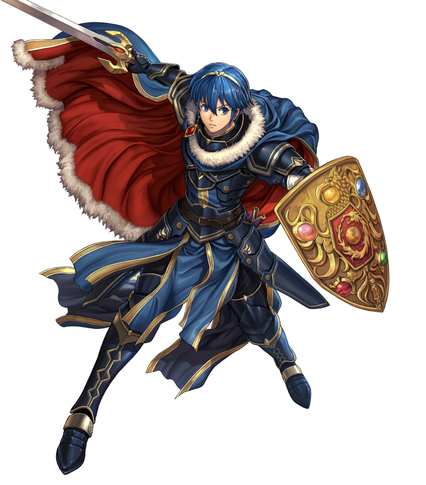 1boy armor armored_boots belt blue_eyes blue_hair boots cape falchion_(fire_emblem) fingerless_gloves fire_emblem fire_emblem:_mystery_of_the_emblem fire_emblem_heroes full_body fur_trim gloves highres holding holding_shield holding_sword holding_weapon izuka_daisuke jewelry marth official_art parted_lips sheath shield shiny shiny_hair shoulder_armor shoulder_pads solo sword tiara transparent_background weapon