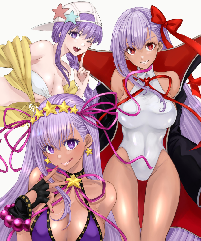 &gt;:) 3girls :d :q ;d bandeau bangs bare_shoulders bb_(fate)_(all) bb_(swimsuit_mooncancer)_(fate) bead_bracelet beads bikini black_gloves bracelet breasts cleavage collarbone covered_navel cropped_jacket earrings fate/grand_order fate_(series) fingerless_gloves ginshima_jill gloves hair_ribbon hairband halter_top halterneck highres hips jacket jewelry large_breasts licking_lips lipstick long_hair long_sleeves looking_at_viewer makeup midriff multiple_girls multiple_persona nail_polish off_shoulder one_eye_closed open_clothes open_jacket open_mouth parted_lips pink_nails pink_ribbon purple_bikini purple_hair red_eyes red_ribbon ribbon smile star star_earrings swimsuit tan tongue tongue_out very_long_hair violet_eyes white_bikini_top white_swimsuit yellow_jacket