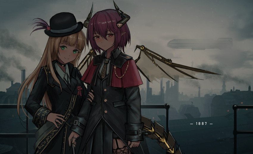 1887 2girls aircraft anne_(shingeki_no_bahamut) black_coat black_hat black_neckwear blonde_hair blush brown_eyes building choker closed_mouth collared_shirt day dirigible eyebrows_visible_through_hair garter_straps granblue_fantasy grea_(shingeki_no_bahamut) green_eyes hair_between_eyes hand_on_another's_arm hand_on_hip hat head_tilt highres horns jewelry looking_at_viewer mechanical_tail mechanical_wings multiple_girls number outdoors pink_hair pointy_ears railing ring shingeki_no_bahamut shirt smile smoke smokestack standing steampunk tail thigh-highs thumb_ring white_shirt wing_collar wings yurichtofen zeppelin