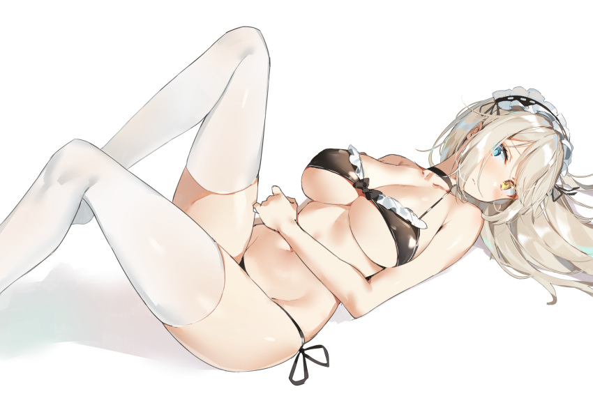 1girl bikini black_bikini blonde_hair blue_eyes blush breasts cleavage closed_mouth frills heterochromia highres large_breasts legs_up long_hair looking_at_viewer lying maid maid_bikini maid_headdress navel on_back original sabet_(young_ouo) side-tie_bikini silver_hair simple_background solo swimsuit thigh-highs thighs white_background white_legwear yellow_eyes