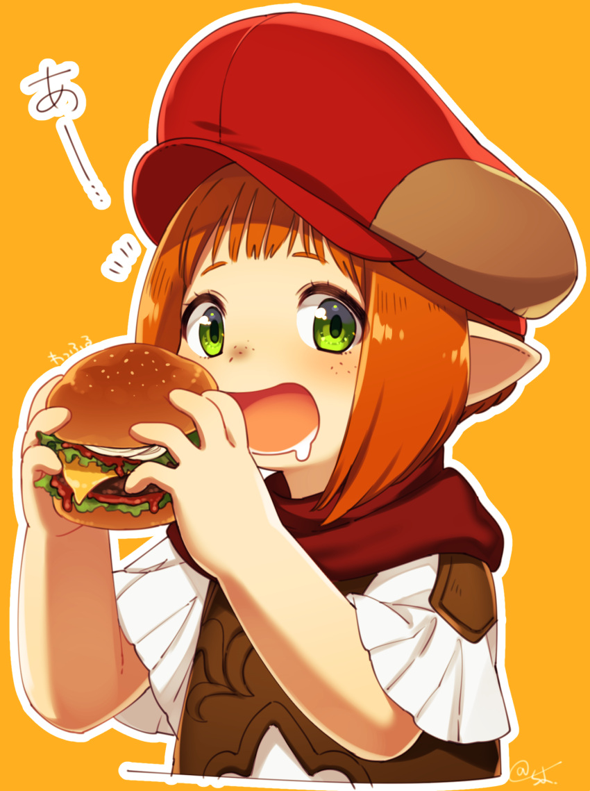 1girl drooling eating final_fantasy final_fantasy_xiv food freckles green_eyes hamburger hat highres holding holding_food lalafell looking_at_viewer open_mouth orange_background pointy_ears redhead sakura_chiyo_(konachi000) short_hair solo upper_body