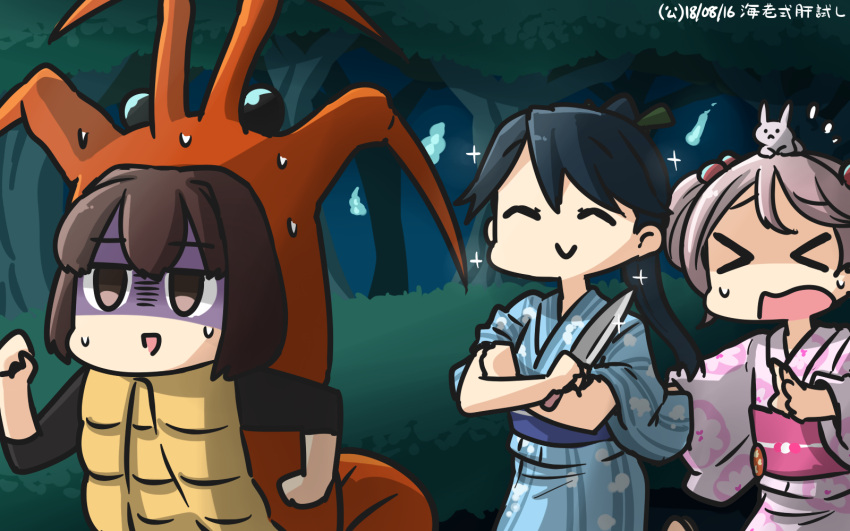 &gt;_&lt; 3girls ^_^ animal animal_on_head black_hair blue_fire blue_kimono brown_eyes brown_hair bunny_on_head bush closed_eyes closed_eyes commentary fire hair_bobbles hair_ornament hamu_koutarou highres houshou_(kantai_collection) ise_(kantai_collection) japanese_clothes jitome kantai_collection kimono knife lobster_costume long_hair multiple_girls night on_head pink_eyes pink_hair pink_kimono ponytail rabbit running sazanami_(kantai_collection) shaded_face short_hair sparkle sweat twintails yukata