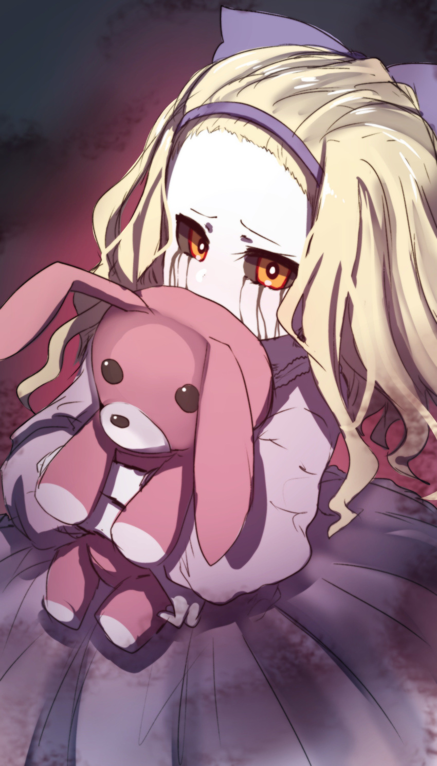 1girl absurdres black_sclera blonde_hair bow brown_dress commentary_request covered_mouth crying crying_with_eyes_open dress forehead hair_bow hairband highres long_hair long_sleeves looking_at_viewer object_hug orange_eyes original pleated_dress purple_bow purple_hairband solo stuffed_animal stuffed_bunny stuffed_toy tears wada_kazu