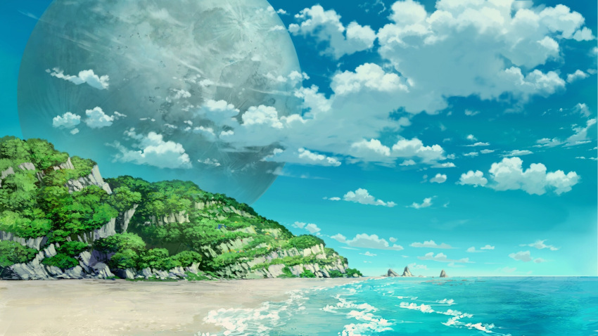 beach blue_sky clouds cloudy_sky commentary_request full_moon highres horizon mitsu_ura moon no_humans ocean original outdoors sand scenery science_fiction sky waves