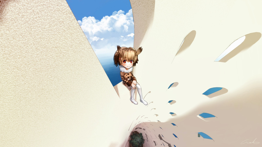 1girl blue_sky brown_coat clouds coat commentary_request day eurasian_eagle_owl_(kemono_friends) from_above fur_collar head_wings highres kemono_friends light_brown_hair looking_at_viewer red_eyes shoes short_hair signature sky smile solo welt_(kinsei_koutenkyoku) white_footwear white_legwear