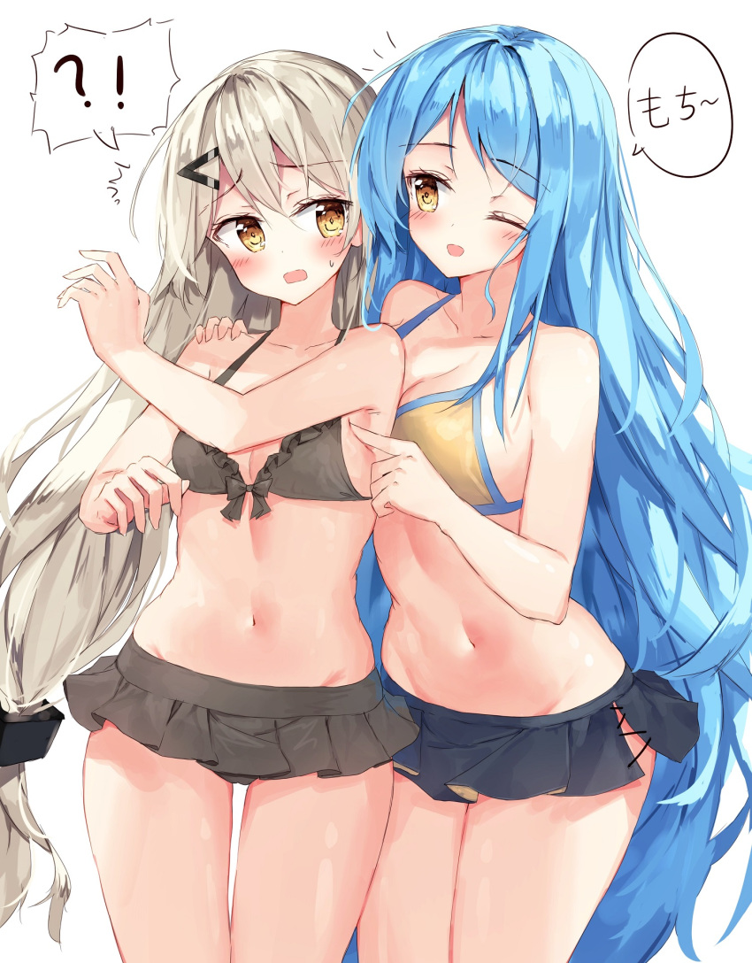 !? /\/\/\ 2girls ;d bangs bare_arms bare_shoulders bikini bikini_skirt black_bikini blue_hair blush breasts brown_eyes cleavage collarbone commentary_request eye_contact eyebrows_visible_through_hair girls_frontline hair_between_eyes hair_ornament hairclip hand_on_another's_shoulder hand_up highres light_brown_hair long_hair looking_at_another low-tied_long_hair m249_saw_(girls_frontline) medium_breasts mg4_(girls_frontline) multiple_girls navel one_eye_closed open_mouth poking simple_background small_breasts smile spoken_interrobang standing sweat swimsuit tandohark thigh_gap translated very_long_hair white_background yellow_bikini yuri