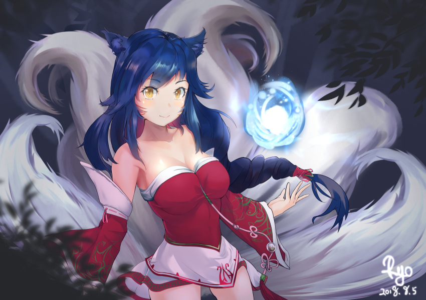 absurdres ahri alternate_hair_color animal_ears bare_shoulders black_hair blush breasts cleavage collarbone detached_sleeves facial_mark forest fox_ears fox_girl fox_tail highres korean_clothes large_breasts league_of_legends long_hair multiple_tails nature ryos1on slit_pupils sona_buvelle tail whisker_markings yellow_eyes
