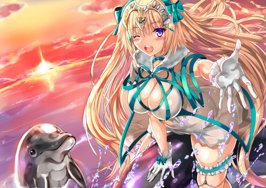1girl ;d absurdres blonde_hair blue_hairband blue_ribbon blush breasts cleavage commentary_request detached_collar dolphin fate/grand_order fate_(series) fur_collar gloves hairband headpiece highres jeanne_d'arc_(fate)_(all) jeanne_d'arc_(swimsuit_archer) large_breasts long_hair looking_at_viewer navel_cutout ocean one-piece_swimsuit one_eye_closed open_mouth outstretched_hand ribbon riding smile solo sunset swimsuit swimsuit_skirt thigh_strap uchida_shou very_long_hair violet_eyes water white_gloves white_swimsuit