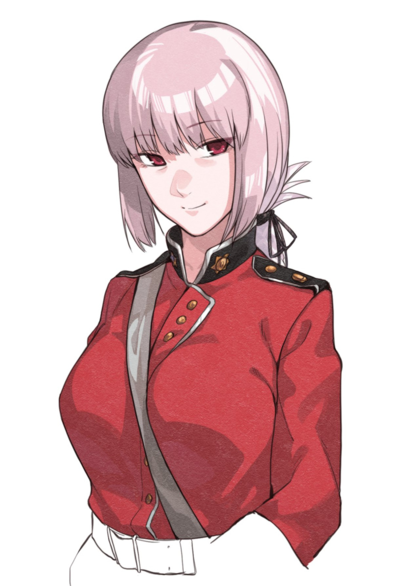 1girl belt between_breasts black_ribbon braid breasts closed_mouth commentary_request eyebrows_visible_through_hair fate/grand_order fate_(series) florence_nightingale_(fate/grand_order) hair_ribbon highres jacket long_hair long_sleeves looking_at_viewer muchi_maro pink_hair red_eyes red_jacket ribbon simple_background smile solo strap_cleavage upper_body white_background