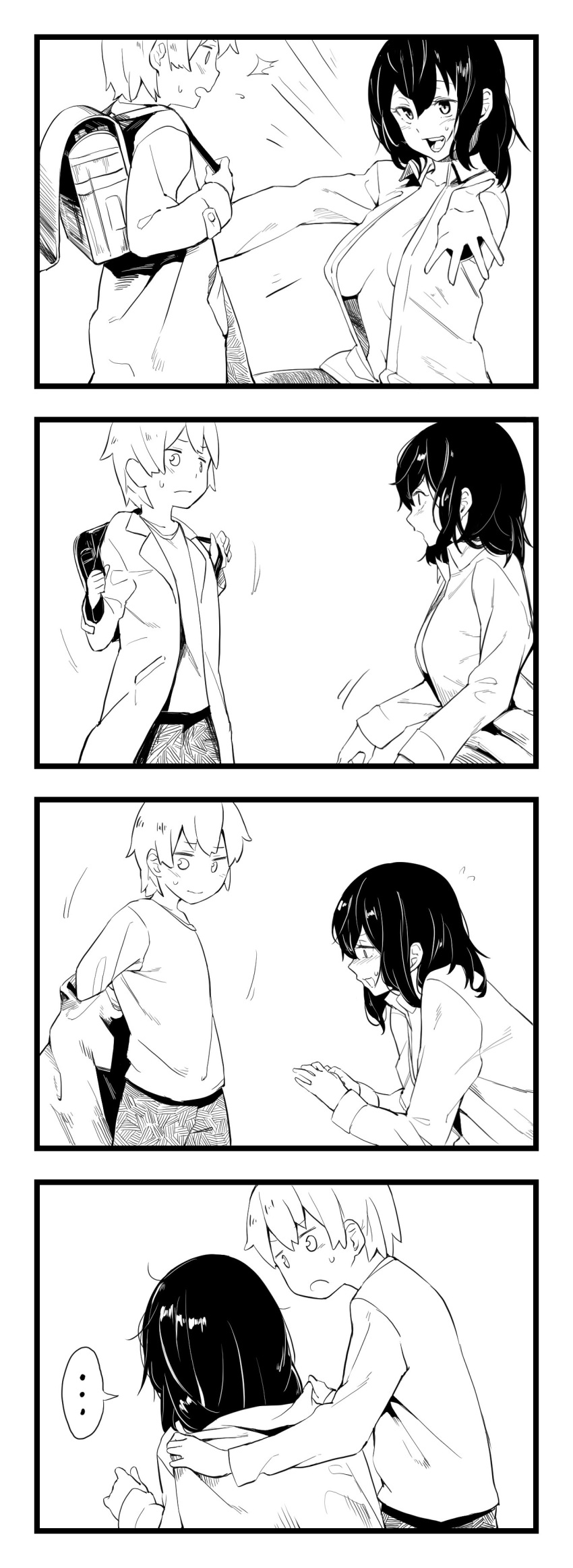 ... /\/\/\ 1boy 1girl 4koma :d absurdres backpack bag breasts collared_shirt comic commentary_request emphasis_lines exhibitionism greyscale highres jacket_on_shoulders large_breasts long_sleeves monochrome muchi_maro open_clothes open_mouth open_shirt original randoseru shirt silent_comic simple_background smile spoken_ellipsis undressing white_background