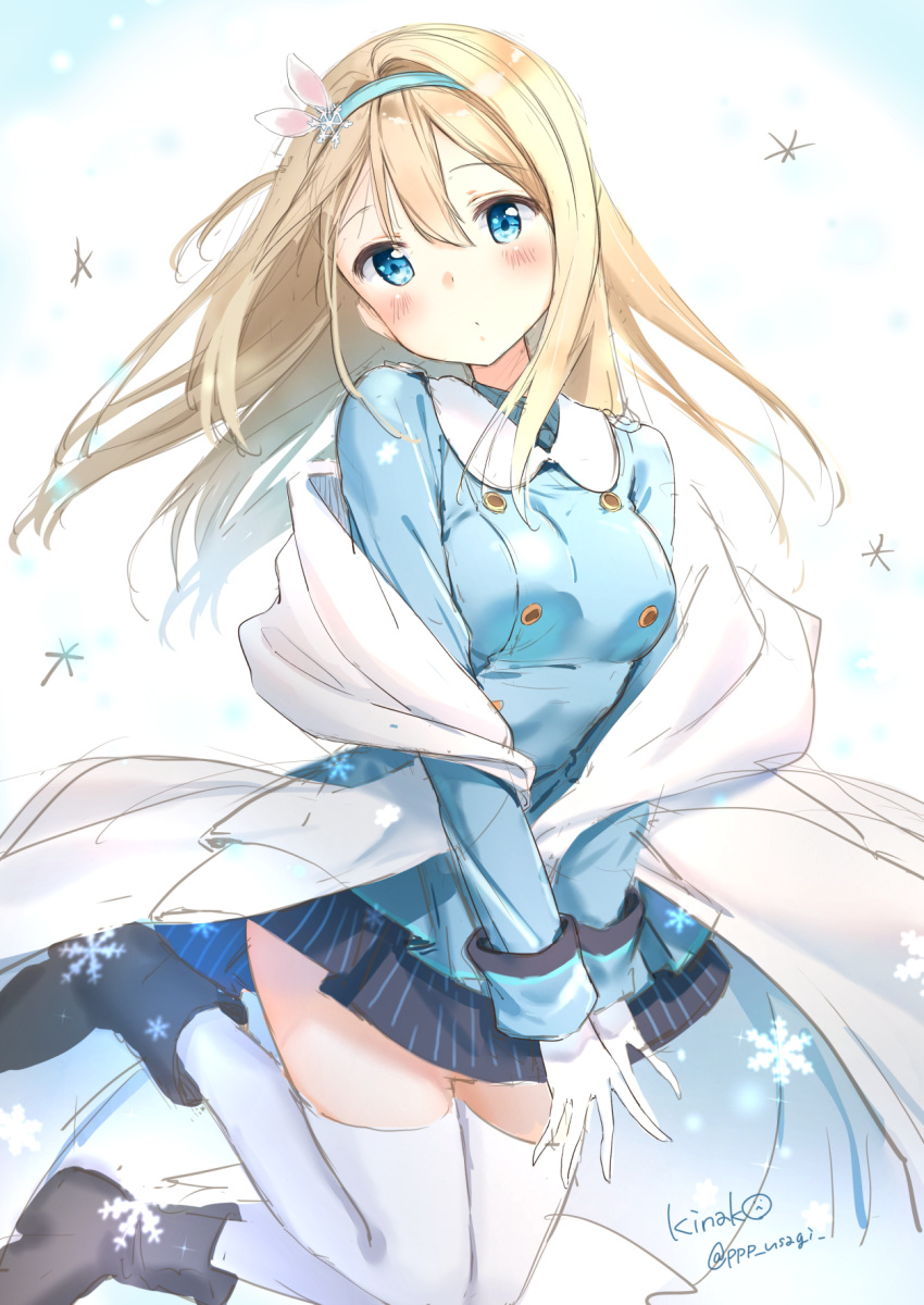 1girl artist_name bangs black_footwear blonde_hair blue_dress blue_eyes blue_jacket blue_skirt blush boots breasts closed_mouth dress eyebrows_visible_through_hair floating floating_hair girls_frontline gloves hair_between_eyes hair_ornament hairband head_tilt highres jacket long_hair long_sleeves looking_at_viewer medium_breasts pleated_skirt shawl shiratama_akane sidelocks signature skirt smile snowflake_hair_ornament solo suomi_kp31_(girls_frontline) thigh-highs twitter_username white_gloves white_legwear