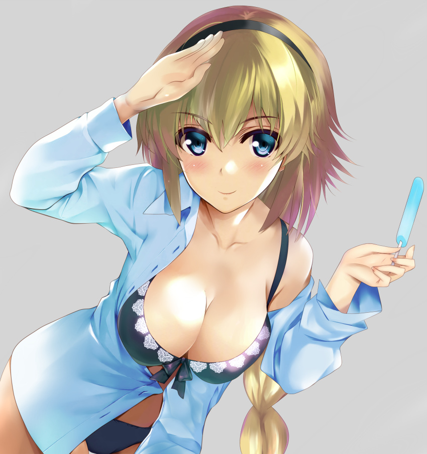 1girl absurdres arm_up black_bra black_hairband black_panties blonde_hair blue_eyes blue_shirt blush bonfurai bow bow_bra bra braid breasts cleavage collarbone dress_shirt eyebrows_visible_through_hair fate/apocrypha fate_(series) food grey_background hair_between_eyes hairband highres holding holding_food ice_cream jeanne_d'arc_(fate) jeanne_d'arc_(fate)_(all) long_hair looking_at_viewer open_clothes open_shirt panties shirt simple_background single_braid smile solo standing underwear very_long_hair