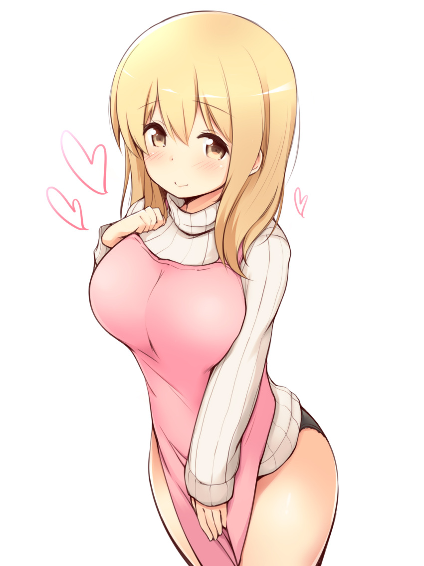 1girl apron ass bangs black_panties blonde_hair blush breasts brown_eyes closed_mouth commentary_request eyebrows_visible_through_hair grey_sweater hair_between_eyes hand_on_own_chest hand_up heart highres large_breasts long_hair long_sleeves no_pants panties pink_apron ribbed_sweater sleeves_past_wrists smile solo sunohara_ayaka sunoharasou_no_kanrinin-san sweater turtleneck turtleneck_sweater underwear yuu_(yumezakura)