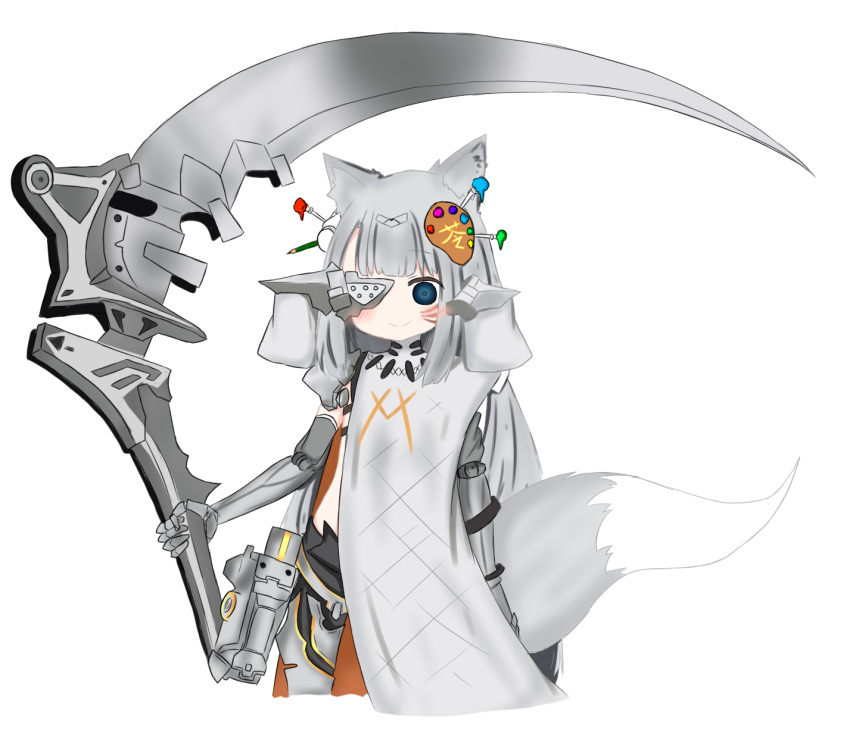 1girl animal_ear_fluff animal_ears bailingxiao_jiu bangs blue_eyes blush character_request closed_mouth eyebrows_visible_through_hair eyepatch fox_ears fox_girl fox_tail gauntlets girls_frontline grey_pants hair_ornament headgear highres holding holding_scythe long_hair pants scythe silver_hair smile solo standing tail very_long_hair whisker_markings