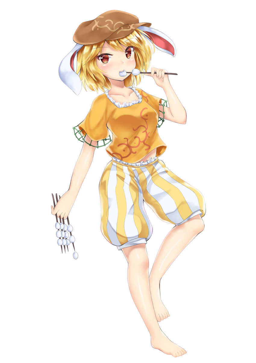 1girl absurdres akiteru98 animal_ears barefoot between_fingers blonde_hair blush breasts brown_hat collarbone commentary_request dango eyebrows_visible_through_hair flat_cap food frills full_body hand_up hat highres holding holding_food looking_at_viewer medium_breasts midriff_peek orange_shirt rabbit_ears red_eyes ringo_(touhou) shiny shiny_skin shirt short_hair short_sleeves shorts simple_background smile solo standing standing_on_one_leg striped striped_shorts touhou vertical-striped_shorts vertical_stripes wagashi white_background white_shorts yellow_shorts