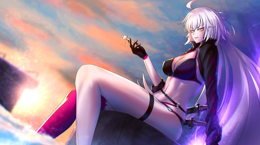 1girl ahoge bikini black_bikini black_choker black_jacket choker clouds cloudy_sky commentary_request cropped_jacket dutch_angle fate/grand_order fate_(series) food gloves hair_between_eyes highres holding holding_food jacket jeanne_d'arc_(alter_swimsuit_berserker) jeanne_d'arc_(fate)_(all) jeanne_d'arc_(swimsuit_archer) katana o-ring o-ring_bikini o-ring_bottom o-ring_top phantom_(pixiv) popsicle red_legwear single_thighhigh sky solo sun sunset swimsuit sword thigh-highs waist weapon yellow_eyes