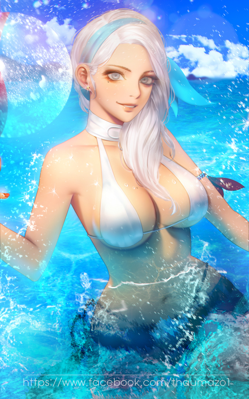 1girl armband blue_hairband breasts character_request clouds collarbone copyright_request earrings hairband halterneck highres jewelry large_breasts lips long_hair looking_at_viewer makeup mole mole_under_eye nail_polish navel ocean partially_submerged sky smile solo splashing swimsuit thaumazo water white_eyes white_hair