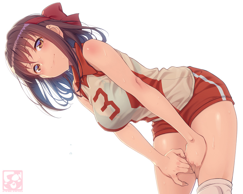 1girl bangs bent_over blush breasts brown_eyes brown_hair girls_und_panzer hands_on_own_thighs headband knee_pads kondou_taeko large_breasts looking_at_viewer pairan red_headband red_shorts shirt short_hair short_shorts shorts sleeveless sleeveless_shirt smile solo sportswear volleyball_uniform