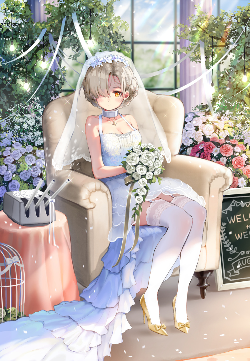 1girl armchair azur_lane bare_arms bare_shoulders birdcage blonde_hair blue_flower blue_rose blush bouquet bow breasts bridal_veil bride bush cage chair cleavage closed_mouth collar collarbone column commentary_request cross cross_earrings day dress earrings flower french full_body garter_straps glint hair_flower hair_ornament hair_over_one_eye high_heels highres holding holding_bouquet indoors jewelry kiyosato0928 light light_frown light_rays medium_breasts pillar pink_flower pink_rose rose see-through sheffield_(azur_lane) shoe_bow shoes short_hair sign sitting sleeveless sleeveless_dress solo sunbeam sunlight table thigh-highs tied_hair turret veil wedding_dress white_dress white_flower white_legwear white_rose window yellow_bow yellow_footwear