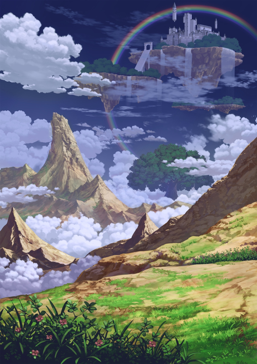 above_clouds blue_sky castle clouds commentary_request fantasy floating_castle floating_island grass highres mitsu_ura mountain no_humans original outdoors rainbow sky tree