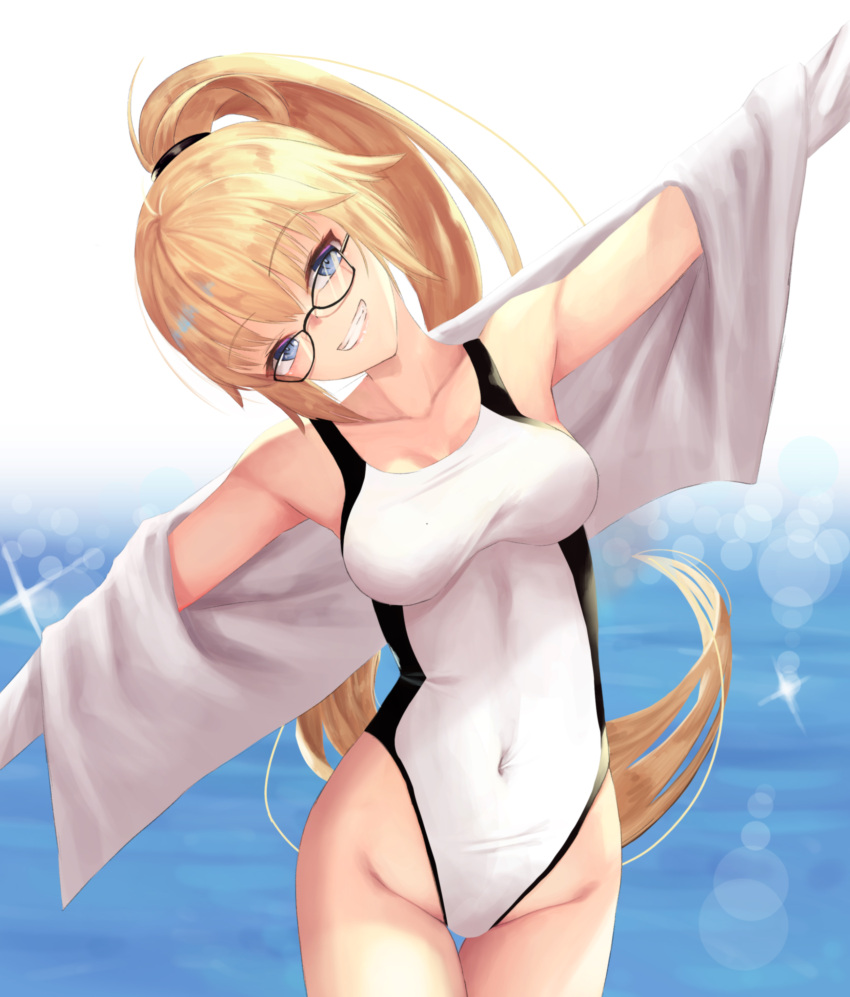 1girl absurdres black-framed_eyewear blonde_hair breasts cleavage competition_swimsuit covered_navel fate/grand_order fate_(series) glasses grin hair_ribbon head_tilt highleg highleg_swimsuit highres jacket jeanne_d'arc_(fate)_(all) jeanne_d'arc_(swimsuit_archer) long_hair looking_at_viewer medium_breasts nekobell ocean one-piece_swimsuit open_clothes open_jacket outstretched_arms ponytail ribbon smile solo sparkle spread_arms swimsuit thigh_gap very_long_hair violet_eyes white_swimsuit