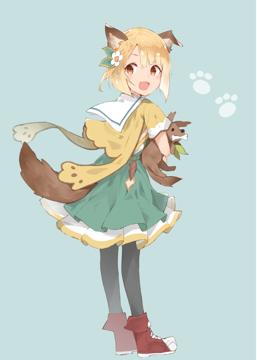 1girl :d animal animal_ears animal_hug bangs black_legwear blonde_hair blush boots braid brown_eyes cartoon_bone commentary_request dog dog_ears dog_girl dog_tail dress eyebrows_visible_through_hair flower full_body granblue_fantasy green_background green_dress green_ribbon hair_between_eyes hair_flower hair_ornament hair_ribbon highres jacket looking_at_viewer looking_back mouth_hold ooyama_imo open_mouth pantyhose pleated_dress red_footwear ribbon short_hair short_sleeves simple_background single_braid smile solo standing tail vajra_(granblue_fantasy) white_flower yellow_jacket