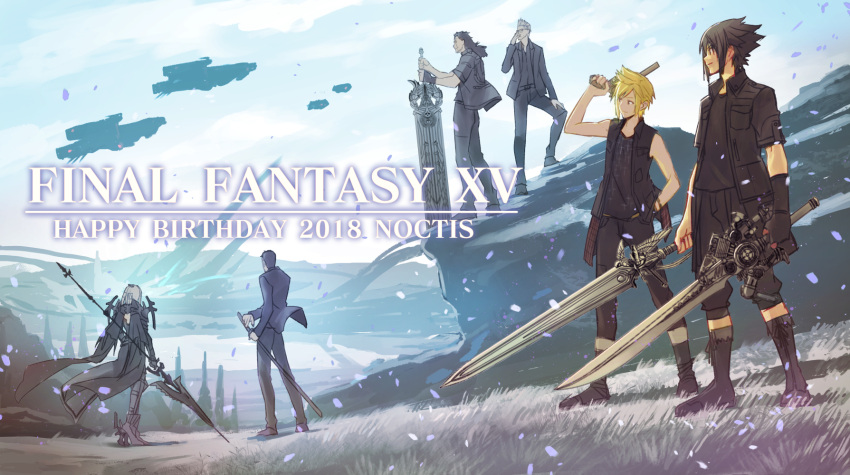 1girl 2018 5boys adjusting_eyewear aircraft airship aranea_highwind armor black_hair black_jacket blonde_hair boots cliff copyright_name cor_leonis decoponmagi dual_wielding final_fantasy final_fantasy_xv formal gladiolus_amicitia gloves grass greatsword gun hand_in_pocket handgun happy_birthday highres holding ignis_scientia jacket looking_to_the_side multiple_boys noctis_lucis_caelum over_shoulder polearm prompto_argentum single_glove smile spear spiky_hair standing suit sword vest weapon weapon_over_shoulder